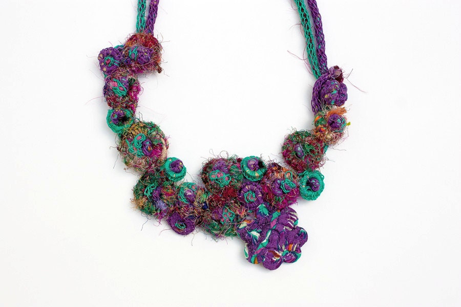 Handmade knitted necklace with bamboo and textile beads, purple emerald green, OOAK