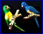2 Vintage Parrot Bird Brooch Pins Blue & Green Enamel Red Rhinestone Eyes Gold Metal VG