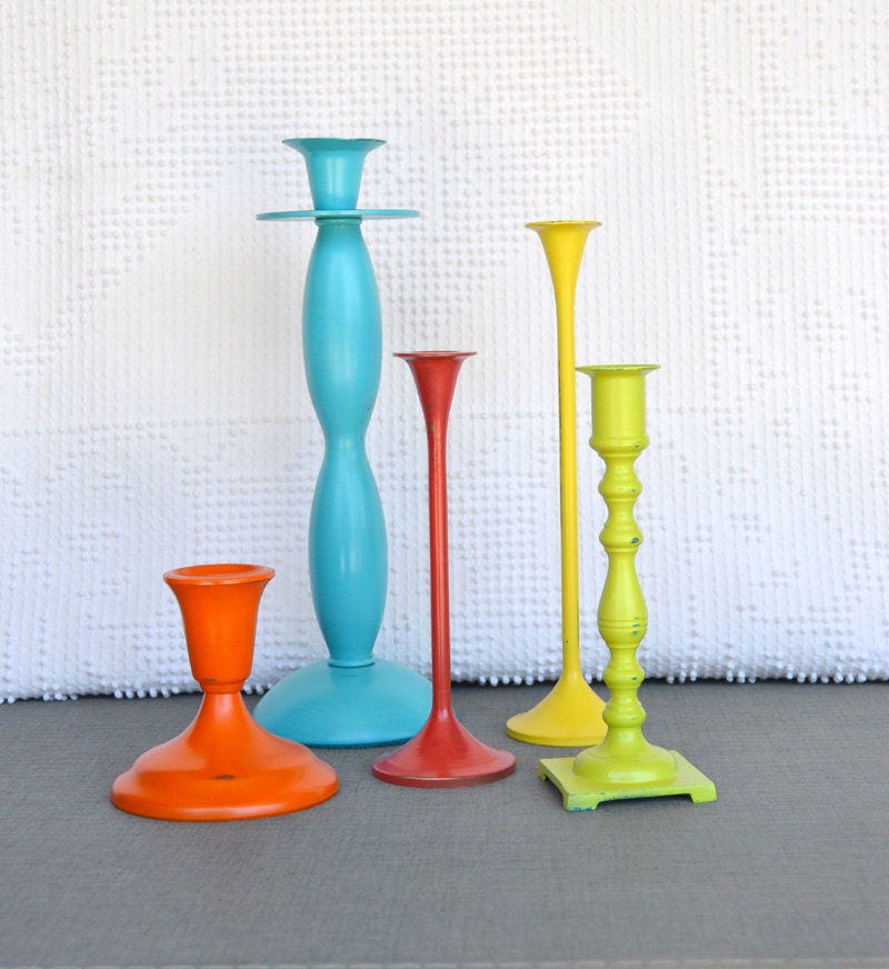 Bright Candleholders Upcycled Metal Set of 5 Turquoise Orange Lime Yellow Red Summer Colors Party Fiesta Decor Pop Of Color Playroom Decor