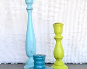 Lime Green Teal Aqua Shabby Candleholders Upcycled Painted Vintage Wood Candleholders Set of 3