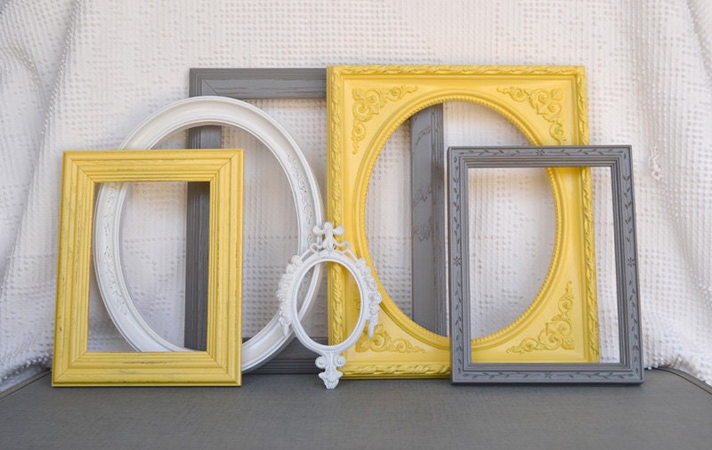 Yellow, Grey White Ornate Picture Frames with GLASS set of 6 - Upcycled Frames Modern  Bedroom Decor Wedding Gift