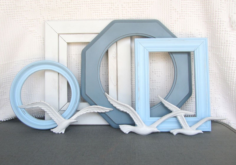 Beachy Blues and White Upcycled Frames set of 4 with Seagulls Upcycled Painted Frame set Slate Ocean Blues