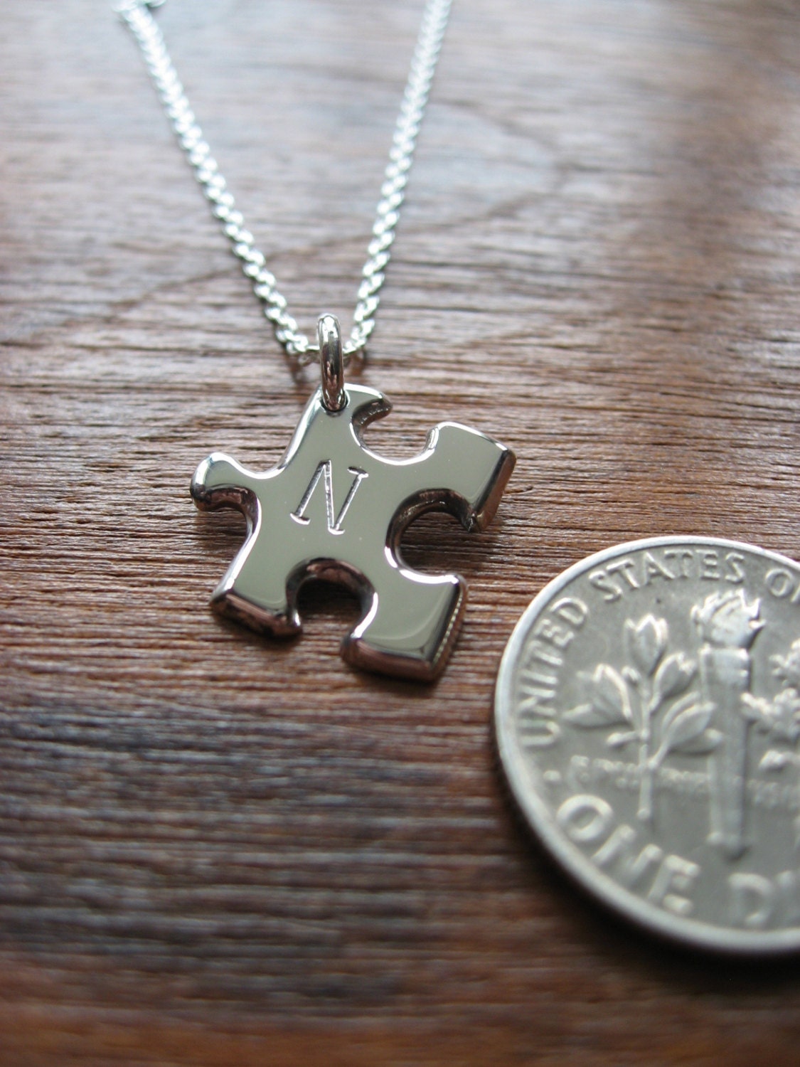 Miniature Puzzle Piece with Initial Silver Pendant Necklace