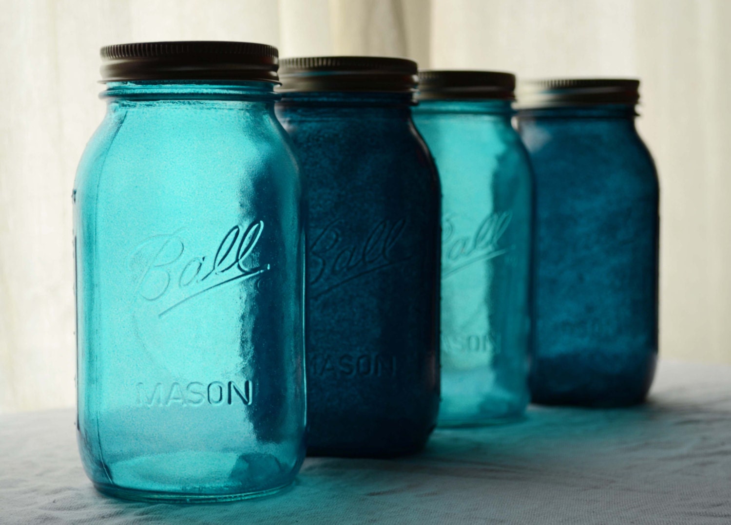 Stained Glass Mason Jars - Quart Size, Set of 4, in Ocean Blue and Midnight Blue
