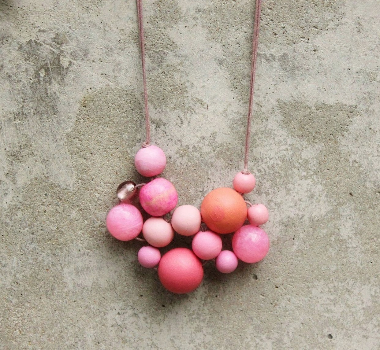 Pink bib necklace, bubble, bead necklace, statement, contemporary, pale pink, hot pink, coral, funky, woven bead necklace, fashion.