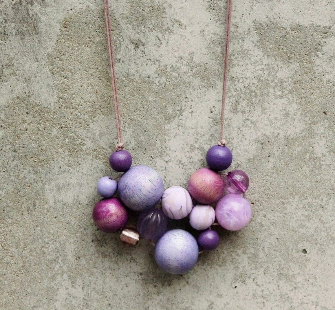 Statement necklace, purple, lilac, bubble, bib necklace, wooden bead necklace, chunky necklace, contemporary, woven bead necklace, fashion.