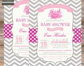 Baby shower invitation bird theme, vintage, hot pink, chevron stripe - printable, digital file Il_170x135