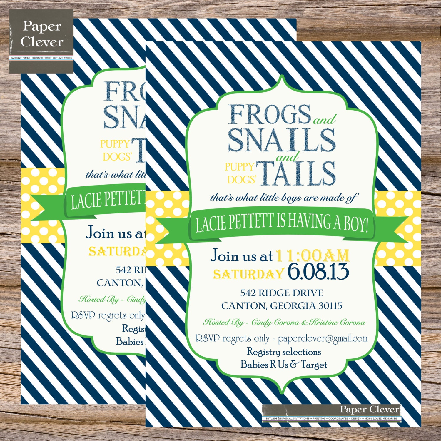 Boys baby shower invitation frog & puppy dog tails retro, green, navy blue, yellow - digital file Il_170x135