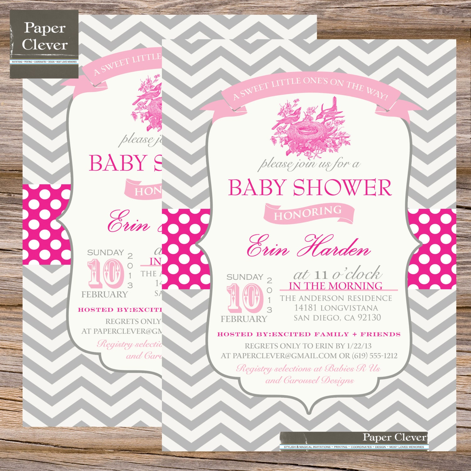 Girls Baby shower invitation bird, nest, pink - printable, digital file #37 Il_570xn