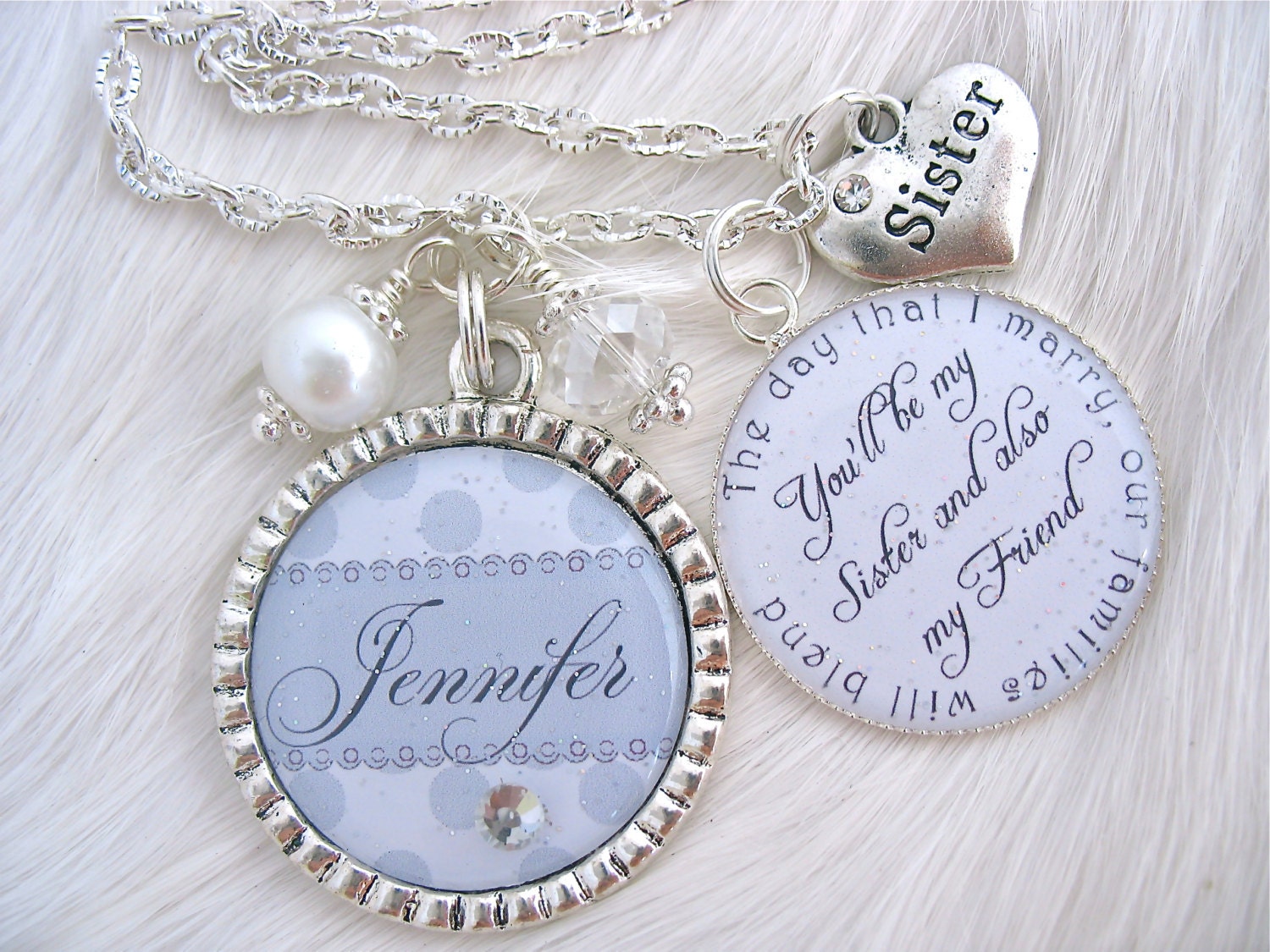 My SISTER My BEST FRIEND Maid of Honor Wedding Quote Bridal Grey polka dot Jewelry Gift engagement jewelry Mother of the bride Sister In-Law