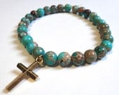 Turquoise Magnesite Beaded Bracelet with Gold Cross