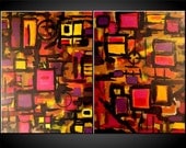 Original Large Abstract Red Painting Two Canvas Retro Modern Contemporary Diptych 24x36 18x48 JMichael