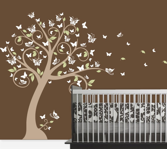 Nursery Blossom Butterfly Tree Wall Decal, Tree with Butterflies and Leaves for a Baby Nursery, Kids or Childrens Room