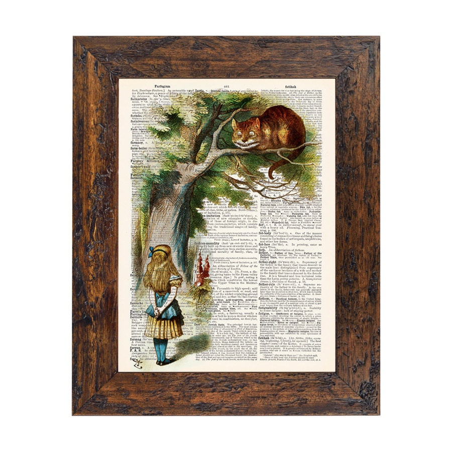 Original Alice and the Cheshire Cat Print on an Unframed Upcycled Bookpage