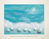 Ocean Sunrise, 9x12 in Original Mixed Media Acrylic Painting. UNFRAMED. nautical sea shell beach home decor gift idea