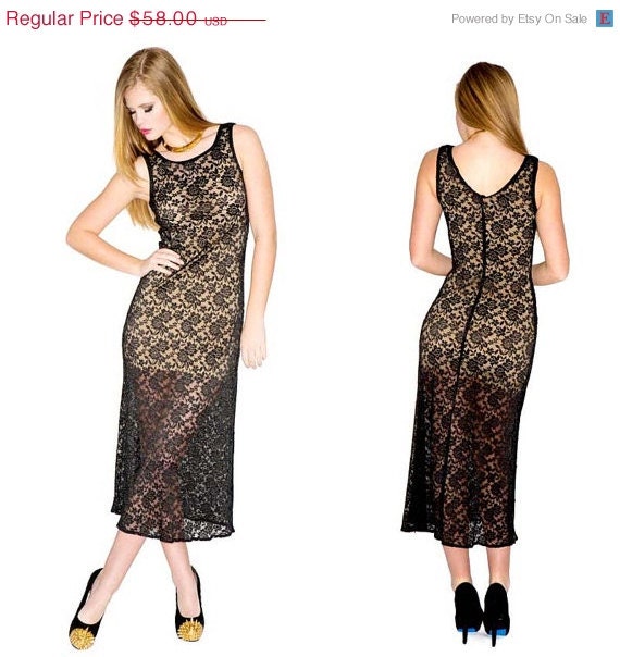 FESTIVAL SALE 90s Sleeveless Sheer Black Lace Cocktail Maxi