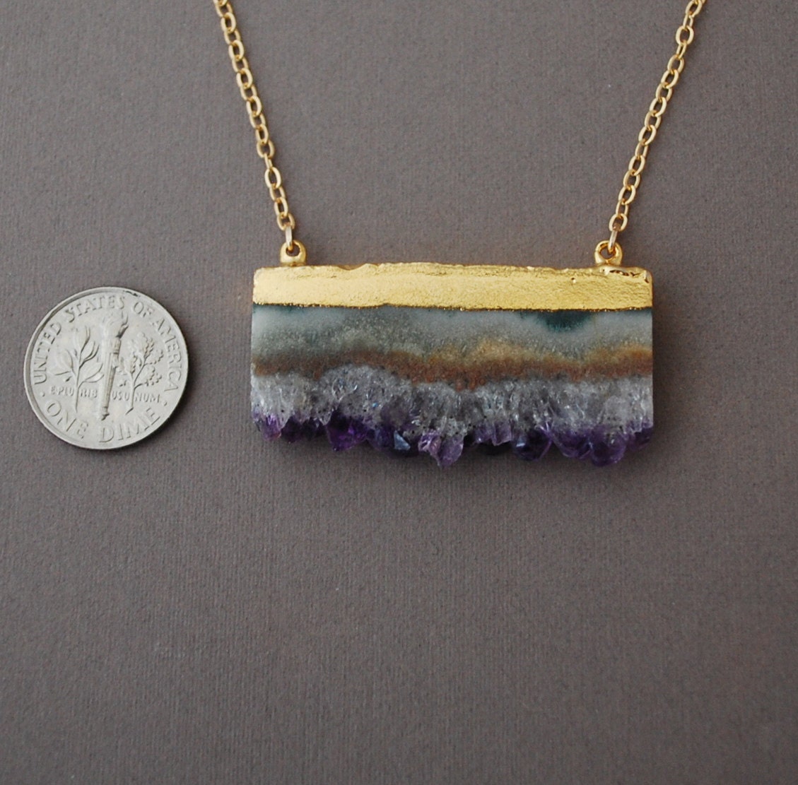 Double Connected Gold Amethyst Stalactite Slice Necklace