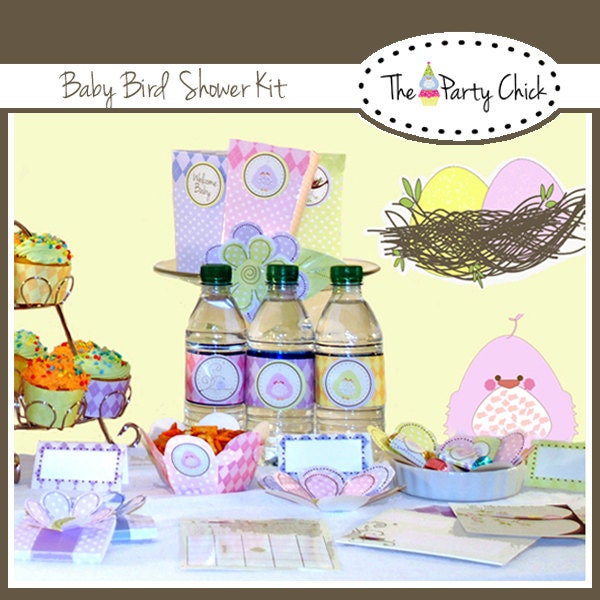 Party Kit,  Bird, Printable,  Baby Shower boy or Girl, also  twins, INSTANT DOWNLOAD,   Diy Editable Text Printable Pdf-You type in the text