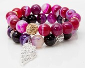 Charm Beaded Bracelet Stretch with Semi-Precious Stones and Swarovski Pave Stone & Charm