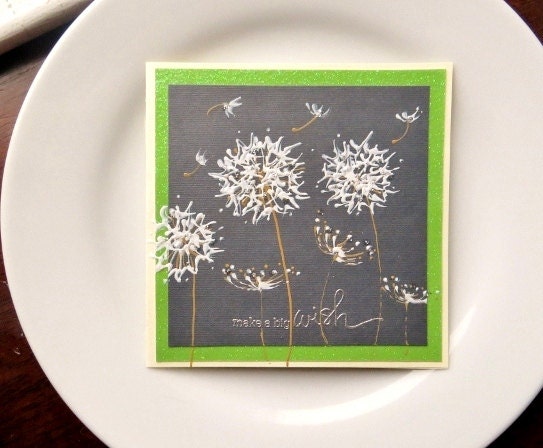 Dandelion Make A Wish Birthday Card, Stamp Embossed, Navy Blue and Lime Green, OOAK Original Artwork