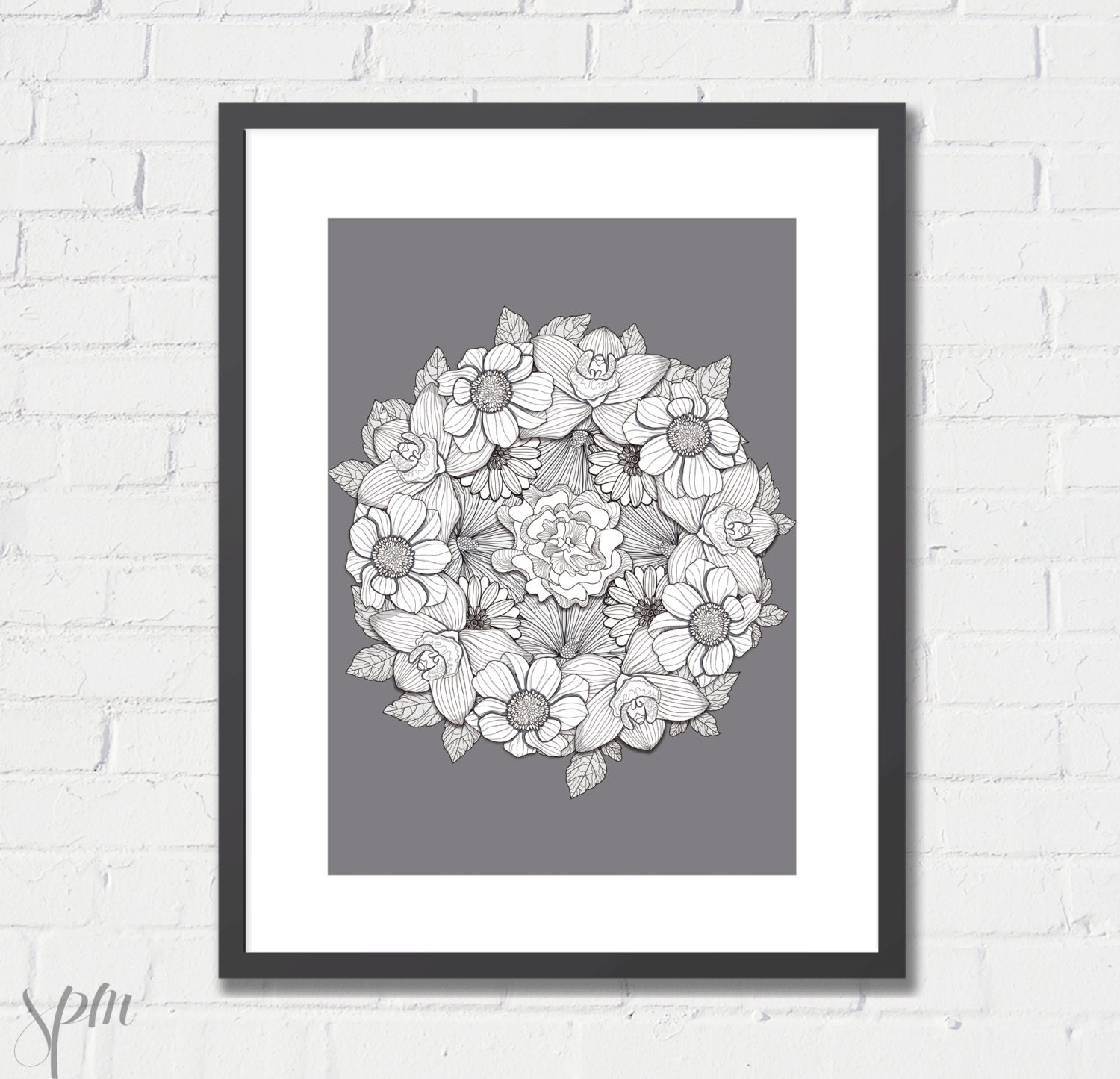 Art Print Floral Grey Wreath Archival Print 8x10 or A4