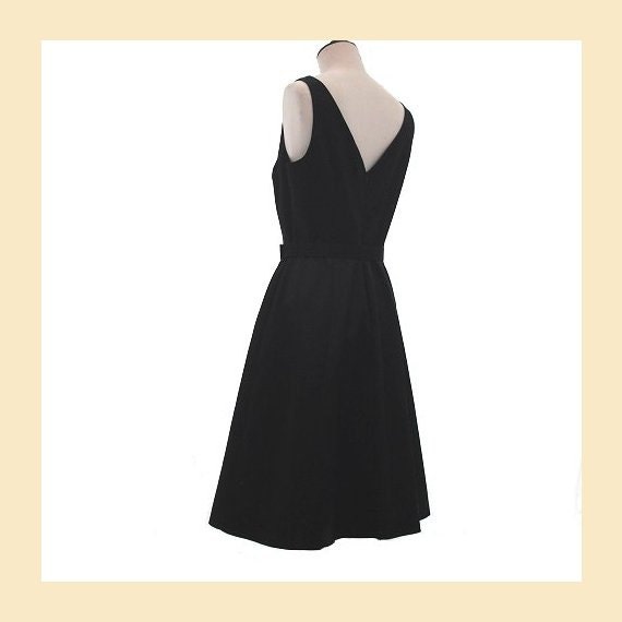 Vintage 1980s dress in black satin, fifties style with full skirt and fitted bodice, UK size 12