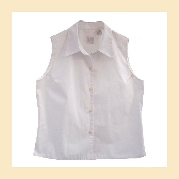 Vintage sleeveless blouse in cotton poplin with shirt-style collar,  UK size 14