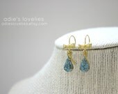 Vintage Turquoise Glass Teardrop Stone & Gold Bow Dangle Earrings