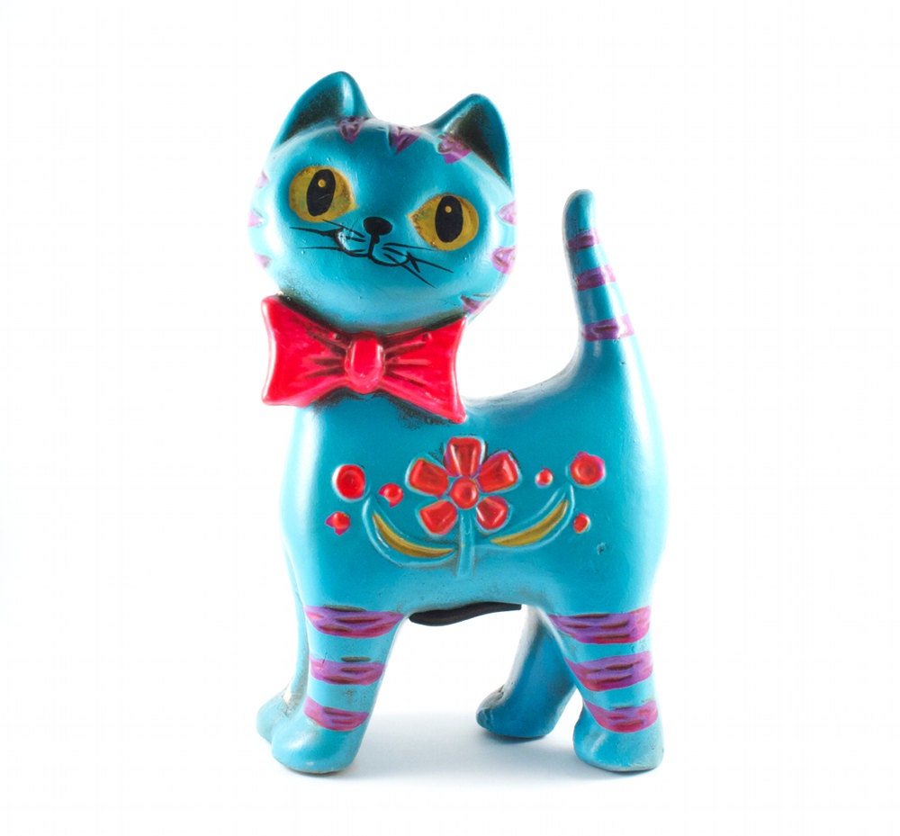 Aqua Cat Piggy Bank w Neon Pink Bow and Flowers Hipster Kitsch Retro / Vintage 60s 70s
