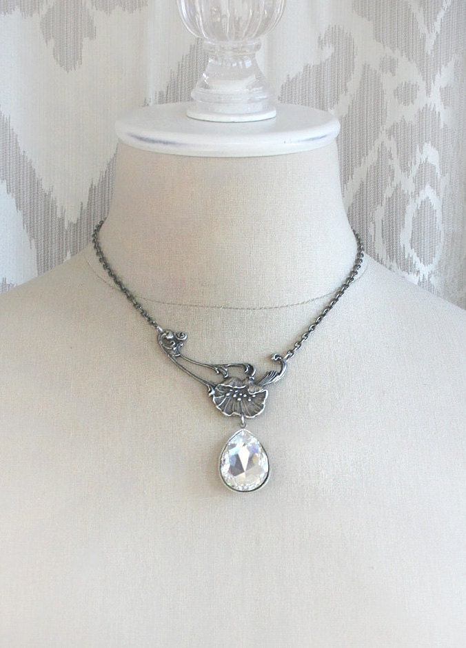 LILY BRIDE romantic vintage fantasy inspired lily asymmetrical bridal necklace with Swarovski crystal, free gift boxing