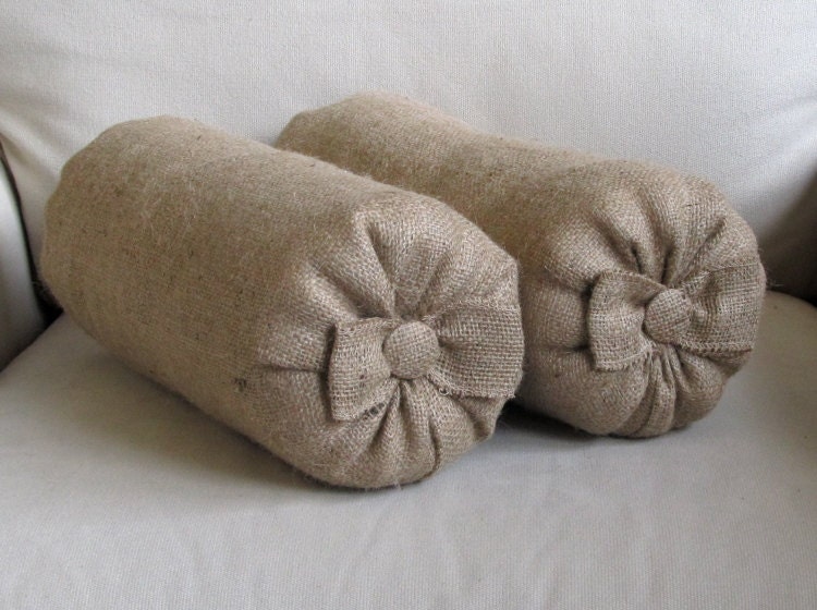 Pair of natural burlap Bolsters pillow with bow