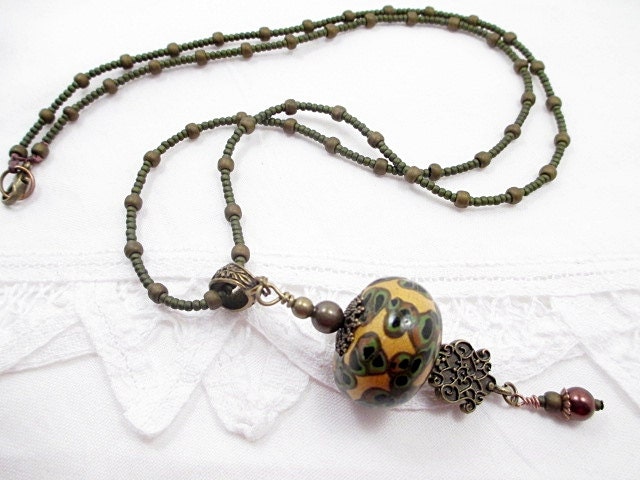 Lariat Necklace Gold Beaded Jewelry Victorian Green Short Upcycled Boho Brass Seed Bead Necklace