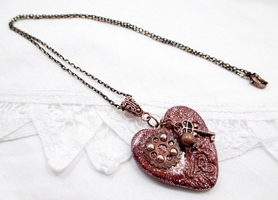 Heart Pendant Necklace Beaded Jewelry Red Skeleton Key Heart Steampunk Goth Victorian Upcycled Romantic Mixed Media
