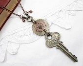 Key Necklace Beaded Jewelry Handmade Wedding Anniversary Silver Lariat Vintage Key Steampunk Gears Upcycled Industrial Romantic Victorian