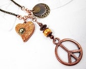 Copper Lariat Necklace Peace Charm Bead Necklace Beaded Jewelry Handmade Heart Mixed Media Boho Steampunk Light Metallic Gold