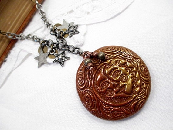 Celestial Sun Moon Star Pendant Necklace Beaded Jewelry Copper Bead Stamped Polymer Clay Silver Metallic Modern Contemporary Fantasy