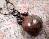 Copper Beaded Necklace Beaded Jewelry Metallic Green Bead Polymer Clay Brass Rustic Woodland Nature Contemporary Pendant