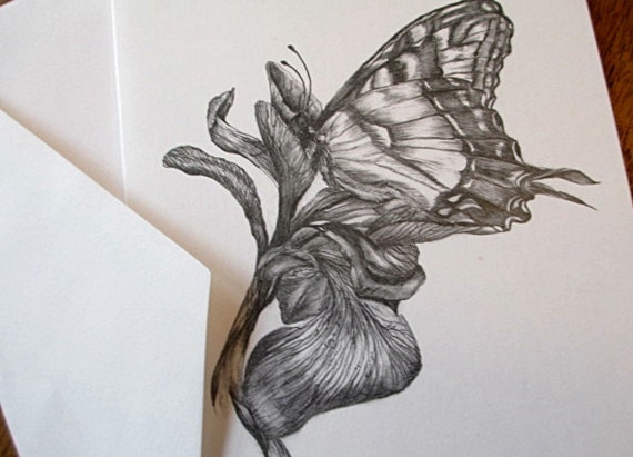 Fine Art Blank Greeting Cards Stationery Black and White Blank Note Cards Butterfly Iris Art Print Stationary Pencil Drawings