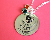 Hand stamped baby feet three stacked necklace with brithstones