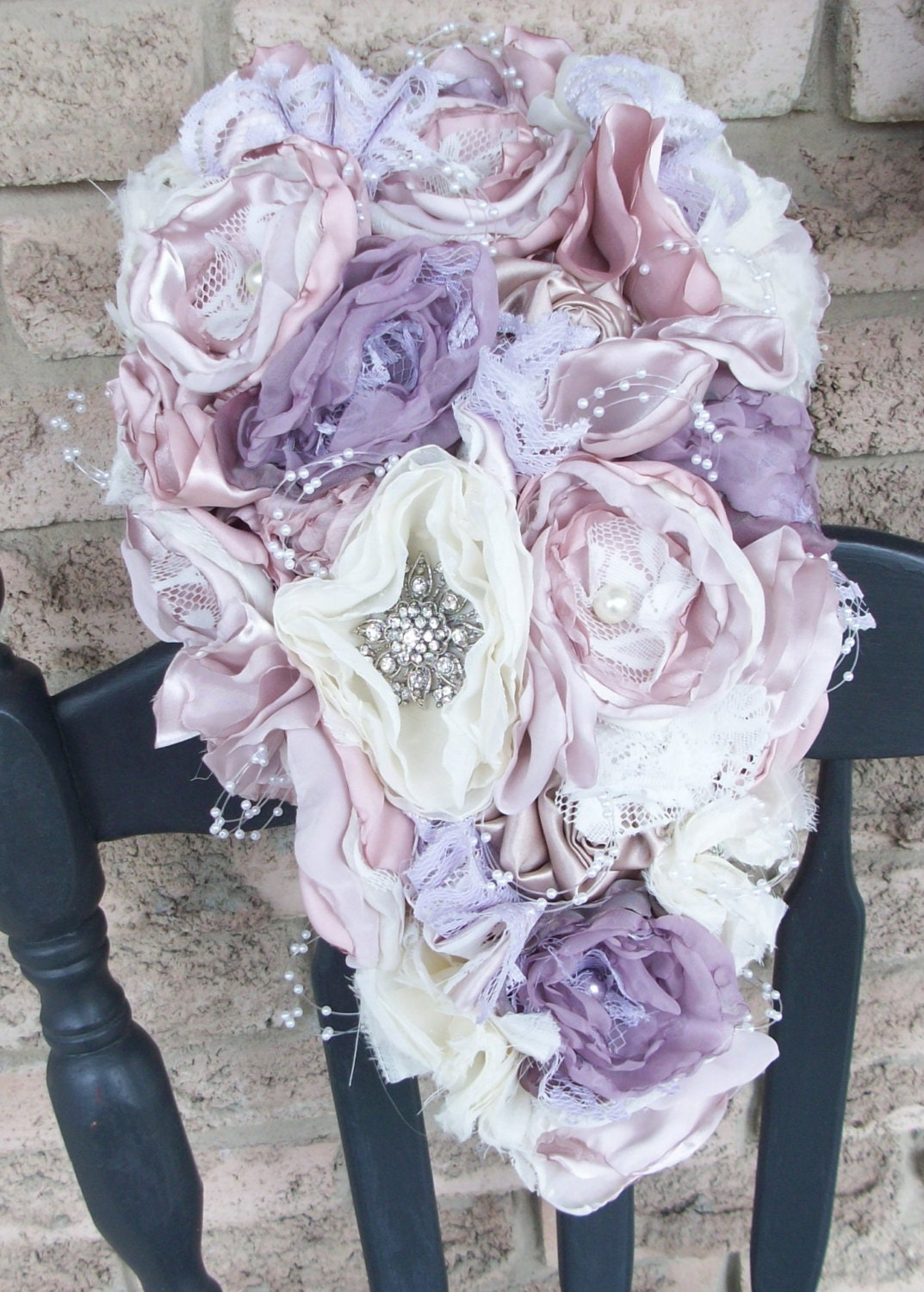 Fabric Bouquet/Vintage Styled Shabby Chic Fabric Wedding Bouquet/Alternative Bouquet/LTeardrop Bridal Bouquet with Pearls and Rhinestones