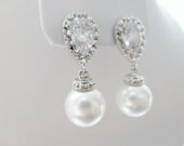 White Pearl Earrings - Bridal Earrings - Bridesmaids Earrings - Pearl Jewelry Cubic Zirconia Ear Post