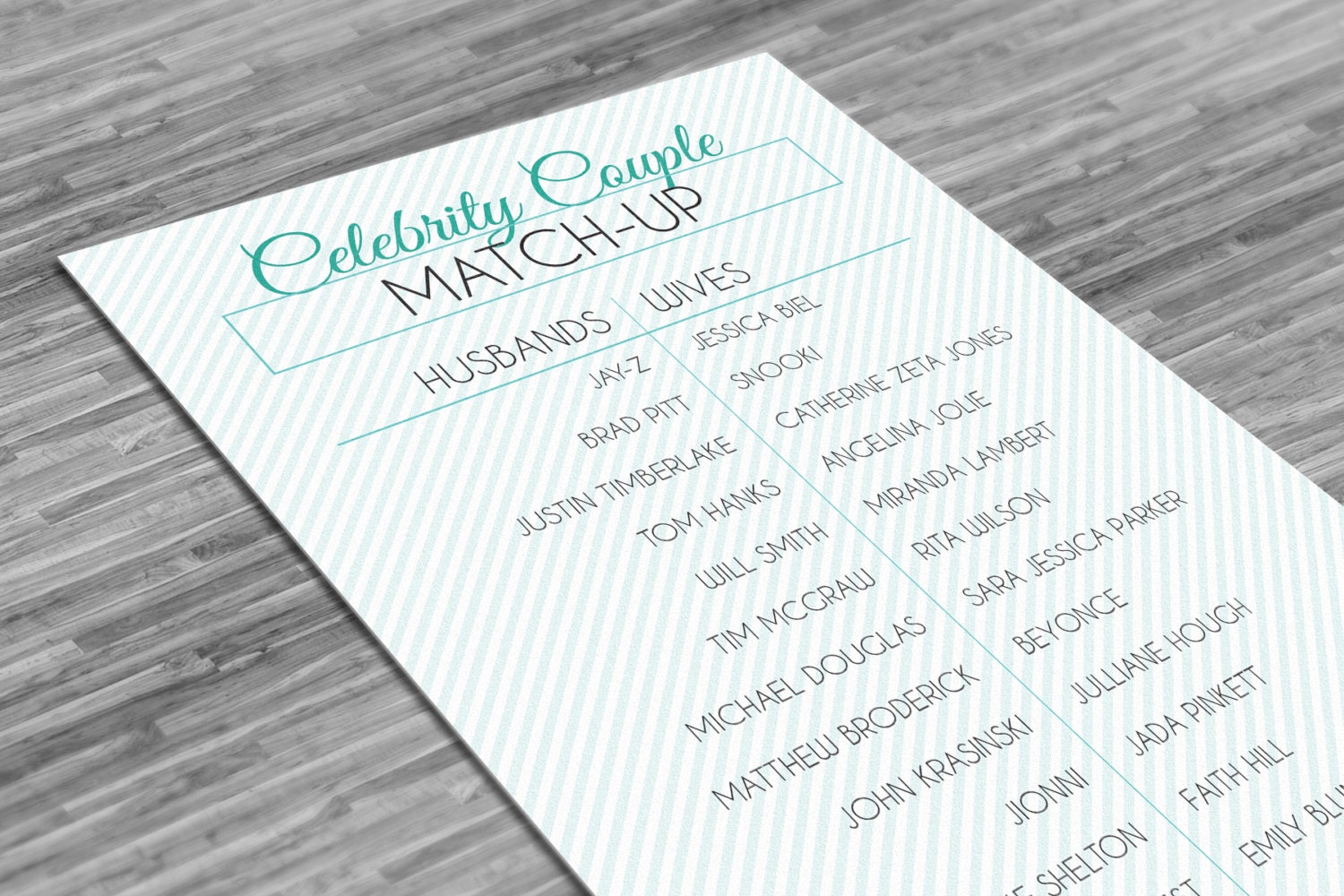 Celebrity Couple Match Up Bridal Shower Game - Instant Printable Download - Tiffany