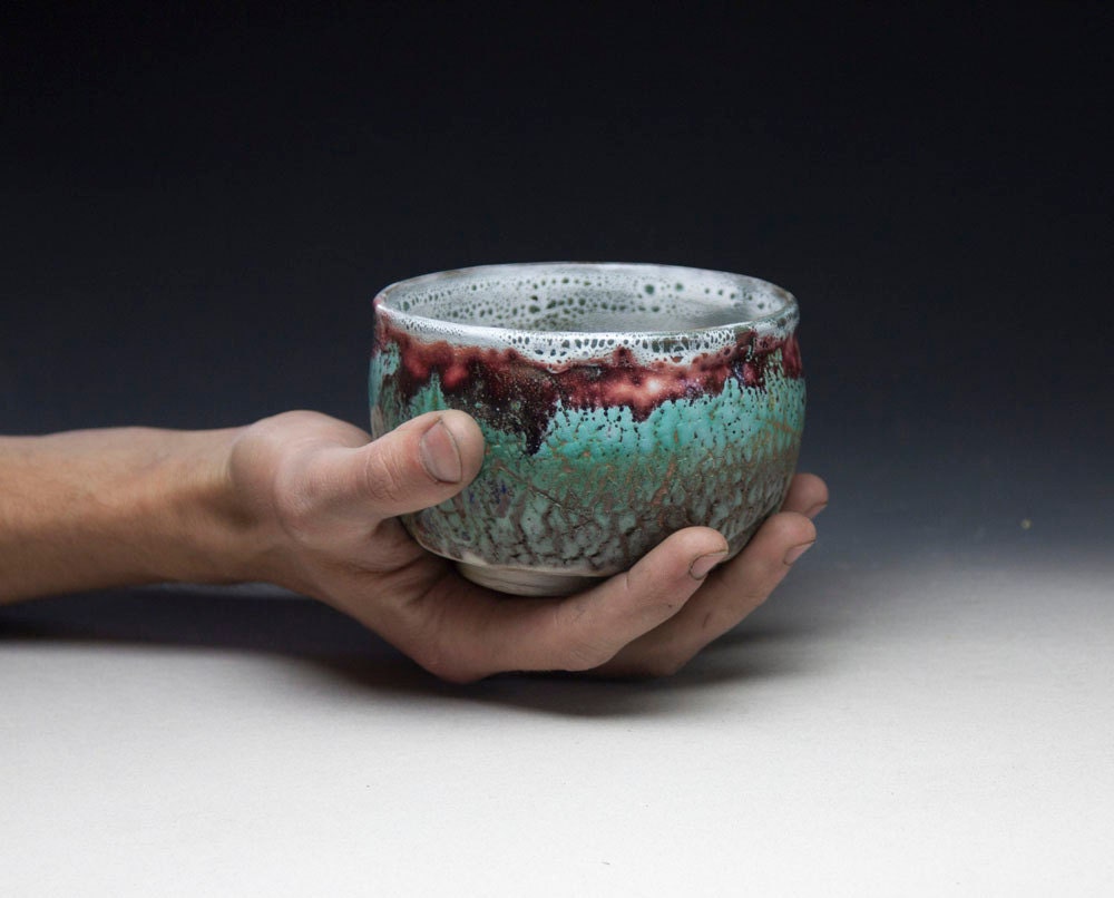 teal red green ceramic bowl chawan