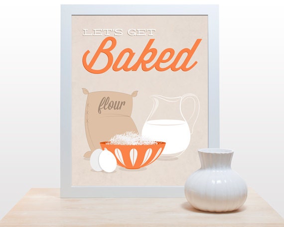 Kitchen Print Lets Get Baked orange - 11x14 Poster retro wall art decor kitchen cooking baking Catherineholm bowl kitchen decor