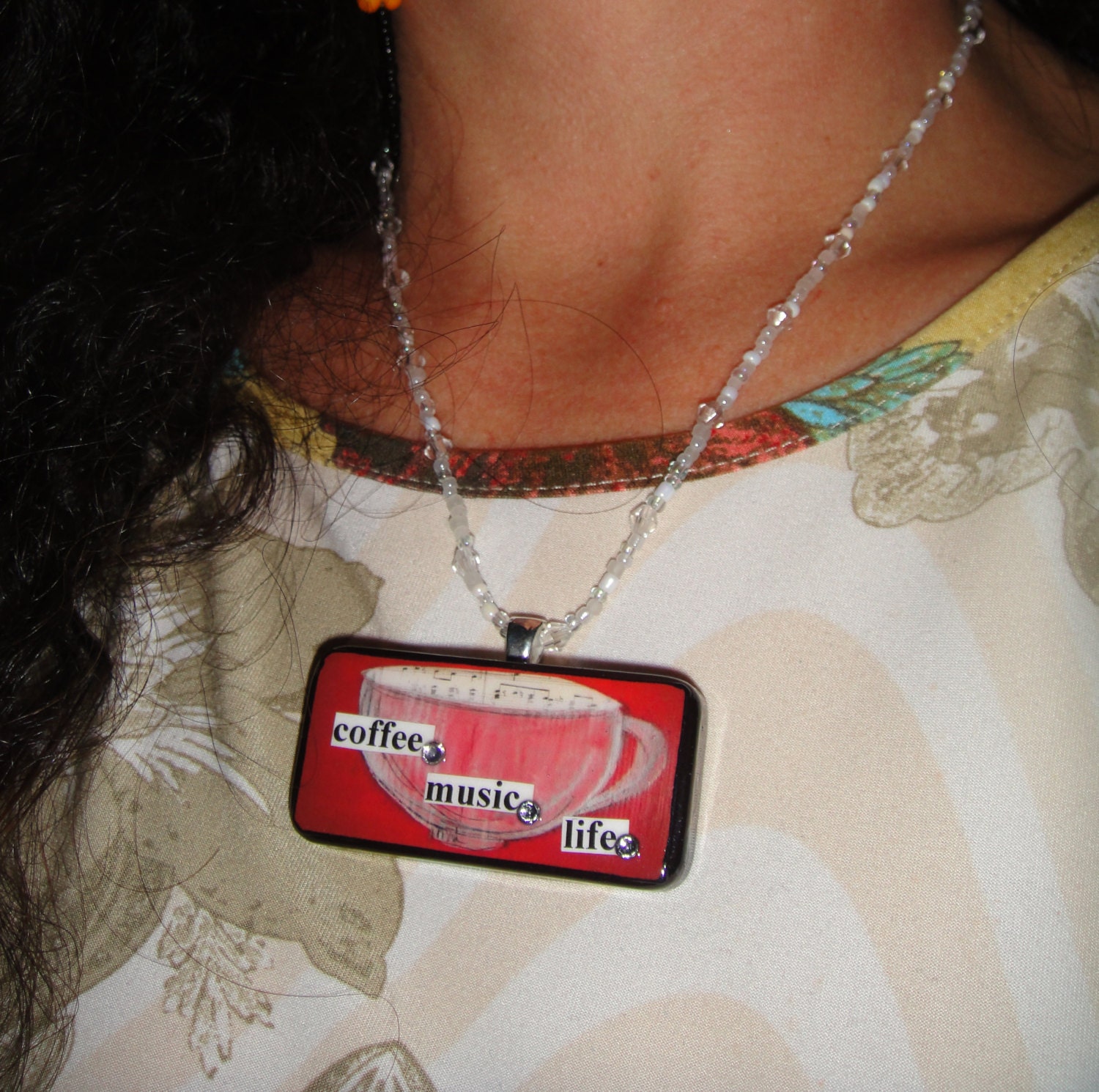 Coffee. Music. Life. Drink It All In Recycled Domino Pendant Necklace with Swarovski Crystal Bling