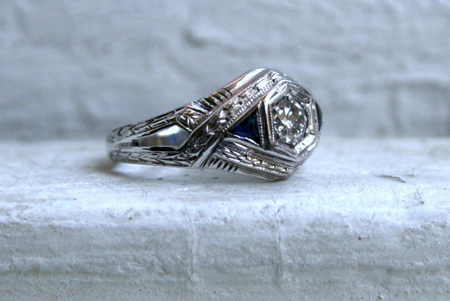 Amazing Vintage 18K White Gold Diamond and Sapphire Engagement Ring