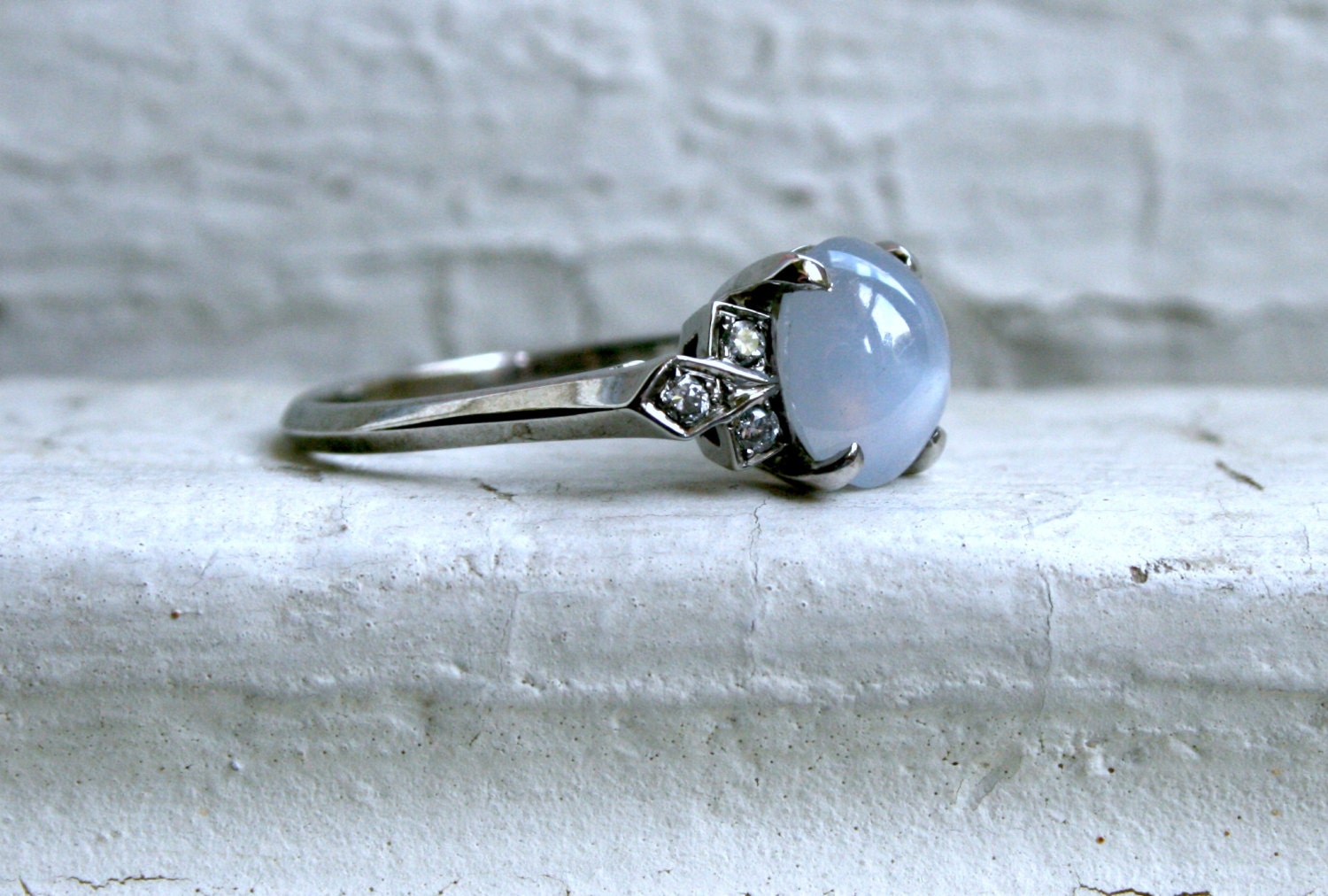 Amazing Deco 18K White Gold Star Sapphire and Diamond Engagement Ring - 3.12ct.