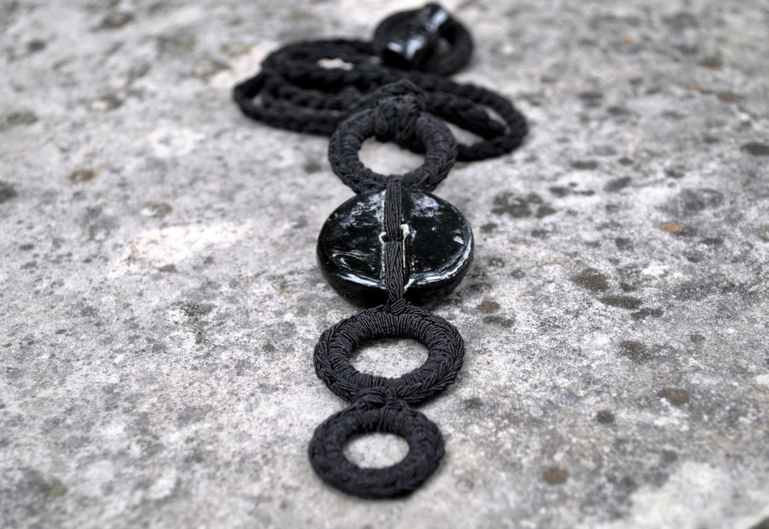 ON SALE Modern black crochet necklace raku pendant / Ceramic jewelry  by Aliquid / Ceramic pendant contemporain