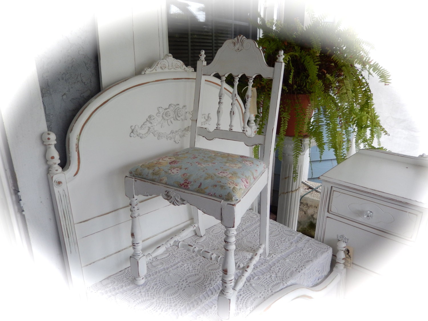 Art Deco Era Refurbished Shabby Chic Chair with Tiffany Blue Linen Upholstered Seat
