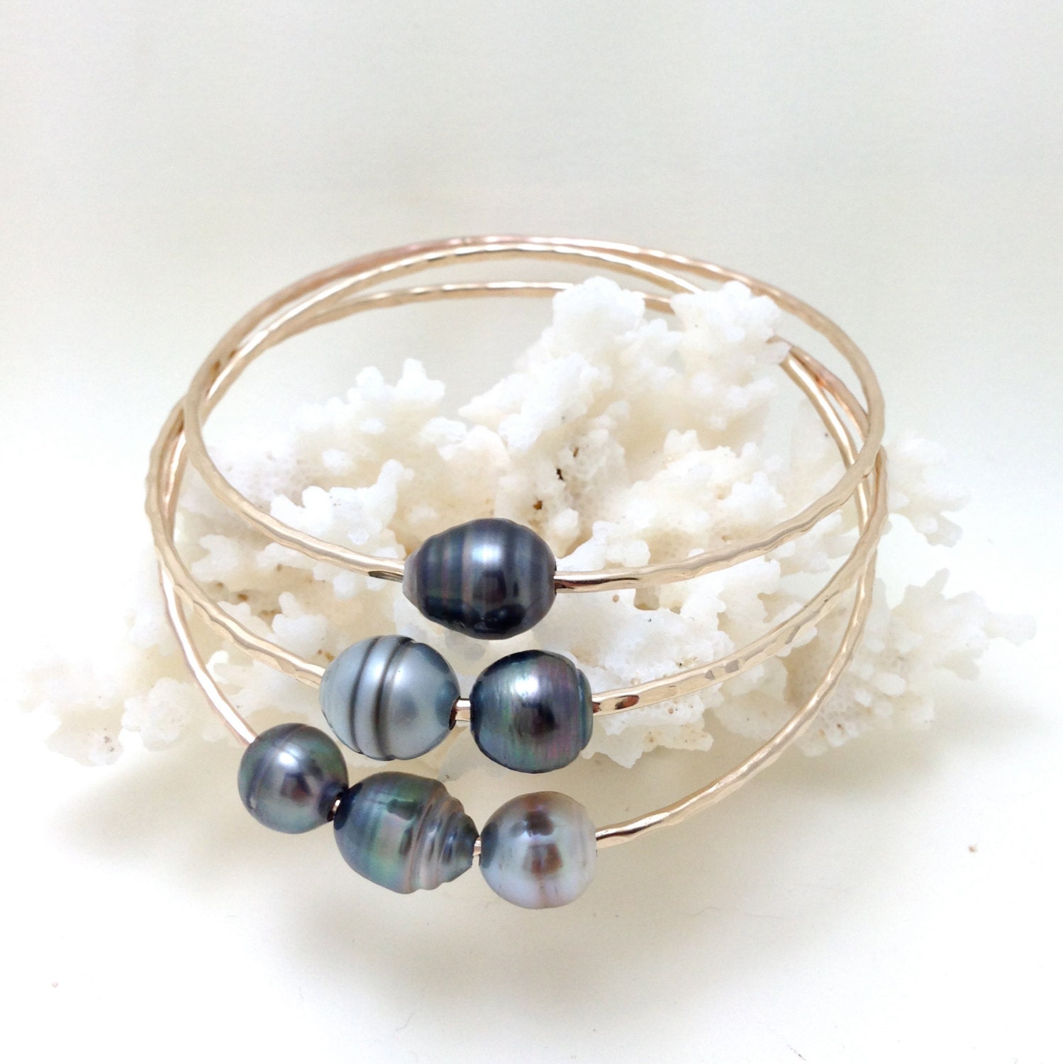 Triad Set of 3 Tahitian Pearl Bangle 14kt Gold Filled 12 Gauge